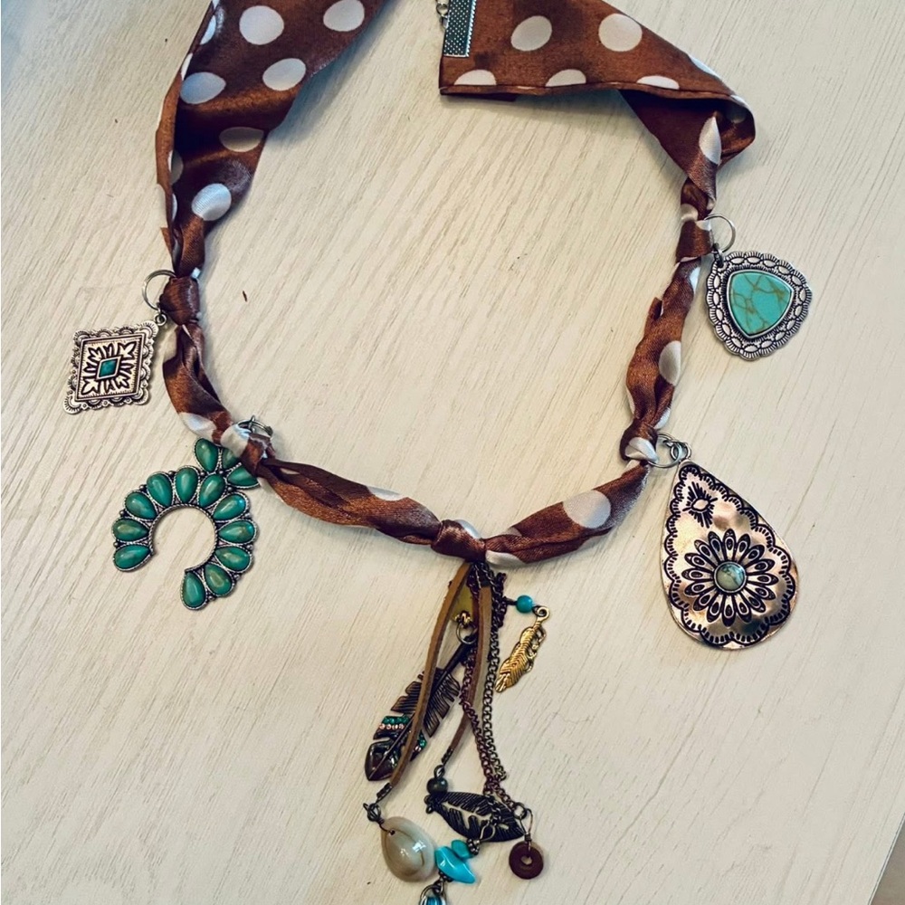 Bohemian Brown and Green Charm Ribbon Necklace
